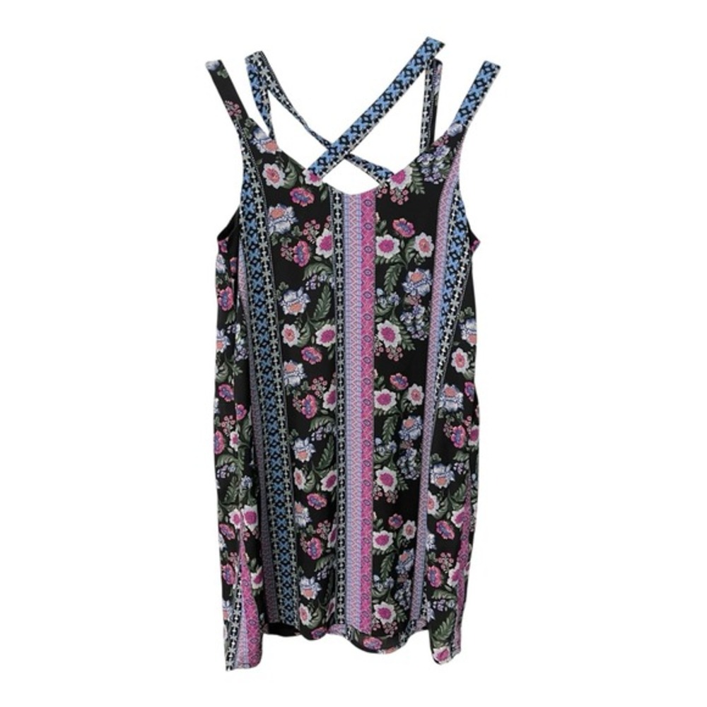 Pink Rose S Black Floral Mini Dress Multi Strap Back Boho Festival PS841875 - Picture 2 of 8